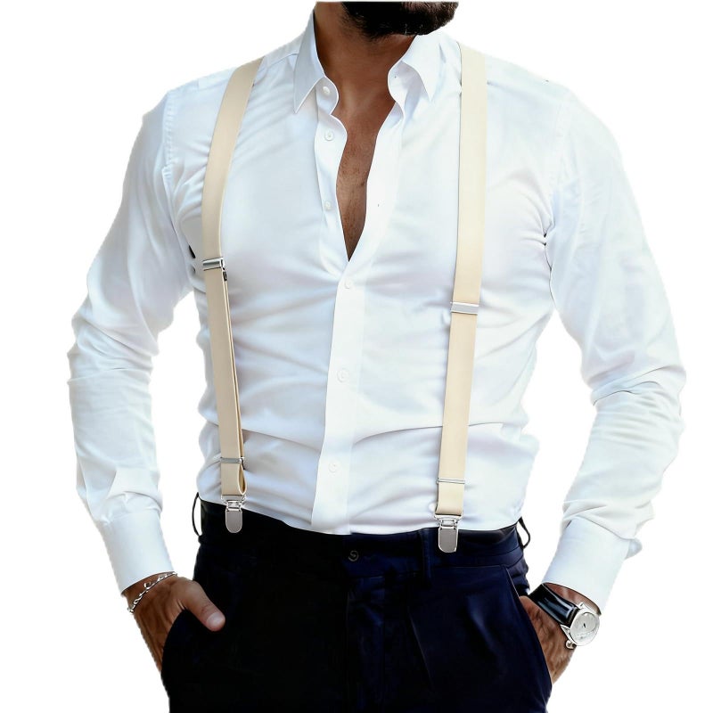 GUCHOL Suspenders for Mens with Strong Metal Clips Adjustable Elastic Y Style Leather Heavy Pants Suspender for Wedding&Party (Beige) - Image 1